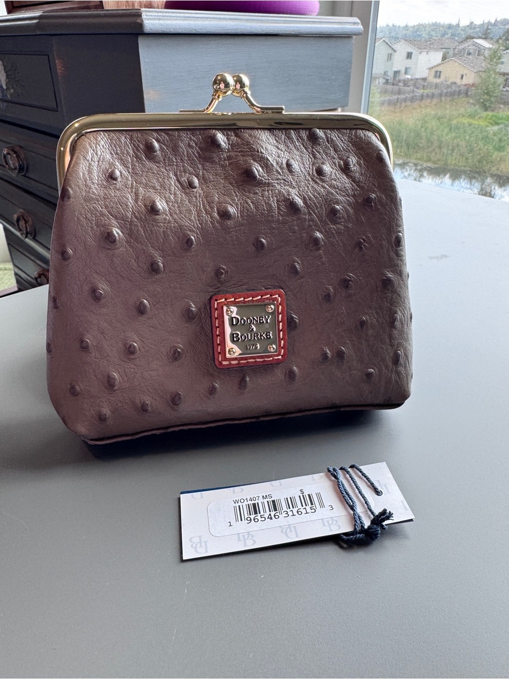 Dooney & Bourke Kisslock Ostrich Large Framed Purse in Mushroom
